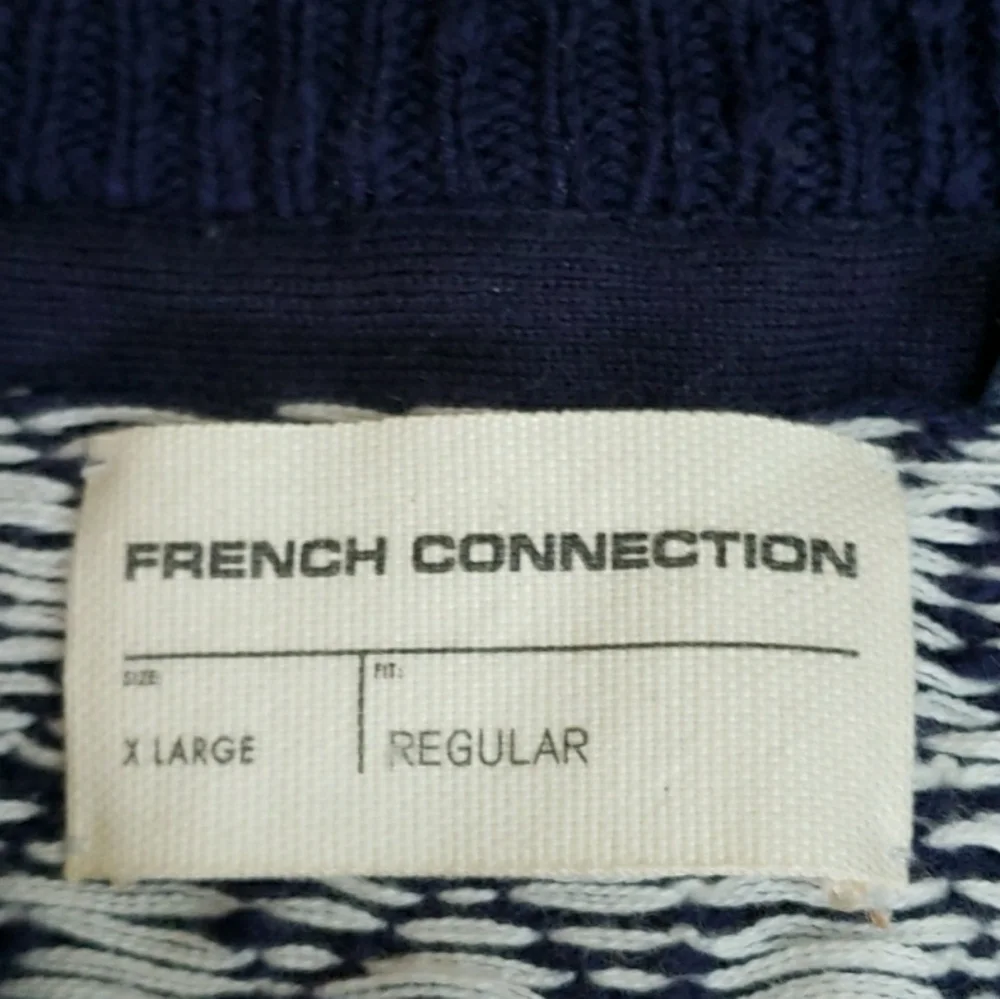 French Connection Mens Crewneck Cotton Sweater Blue with White Snowflakes